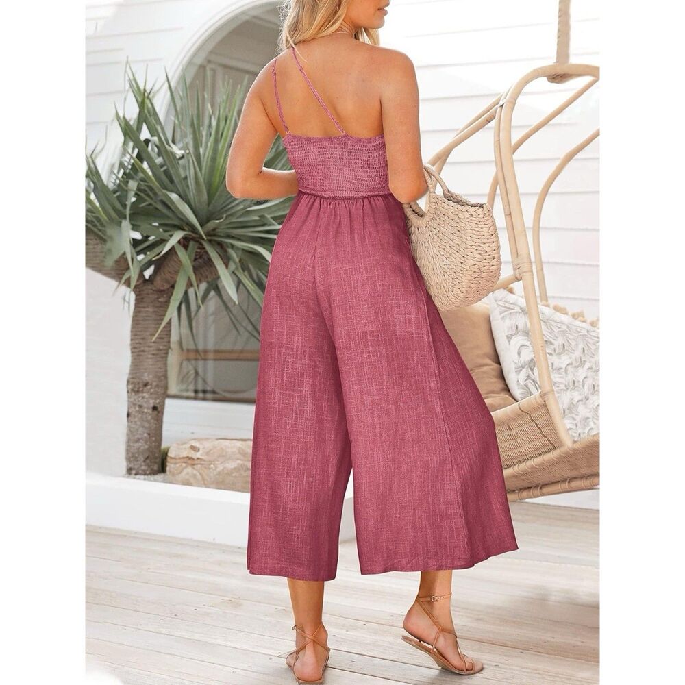 Jumpsuit Tan Large Summer One Shoulder Rose High Waist Casual Wide Leg ANRABESS - Picture 4 of 16